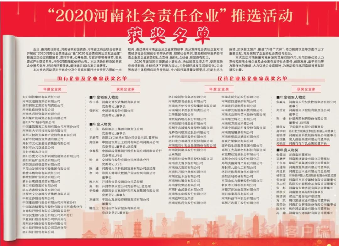 榮譽(yù) | 花花牛乳業(yè)集團(tuán)斬獲“2020河南社會責(zé)任企業(yè)”推選活動兩項大獎 榮譽(yù) | 花花牛乳業(yè)集團(tuán)斬獲“2020河南社會責(zé)任企業(yè)”推選活動兩項大獎