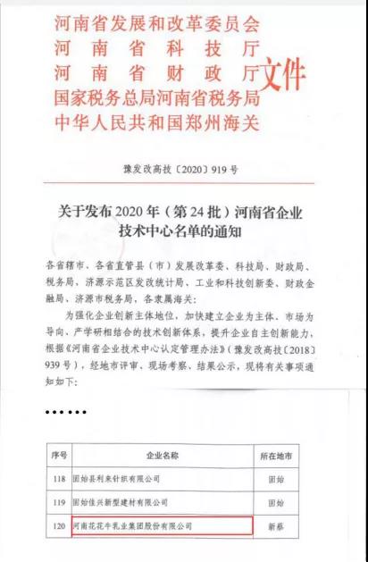喜報 | 河南花花牛乳業(yè)集團企業(yè)技術中心被認定為 河南省企業(yè)技術中心 喜報 | 河南花花牛乳業(yè)集團企業(yè)技術中心被認定為 河南省企業(yè)技術中心